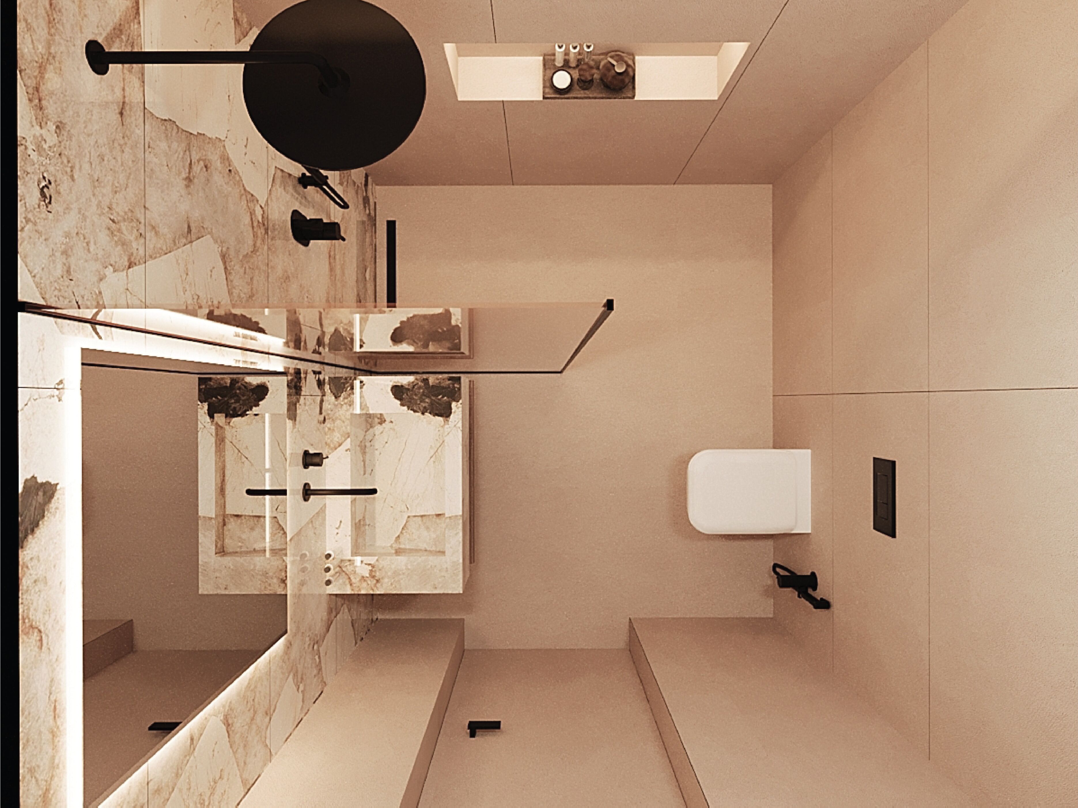 A modern bathroom with a marble vanity, a large mirror, a black ceiling light, and a toilet.