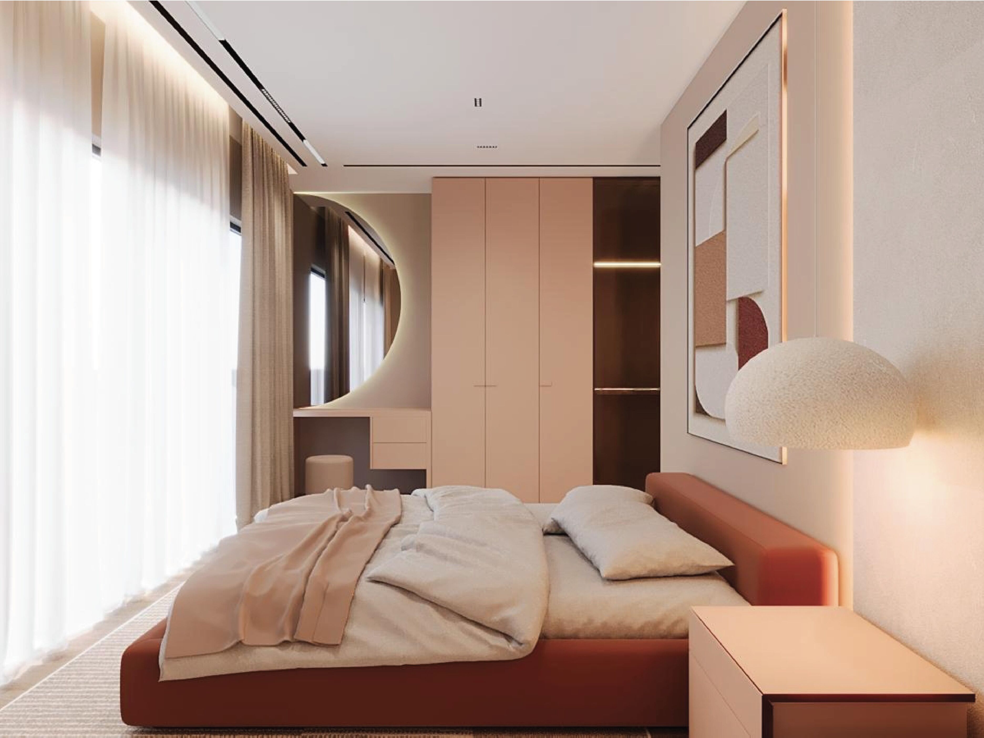 A modern bedroom with a bed, a wardrobe, a bedside table, and a large window with curtains.