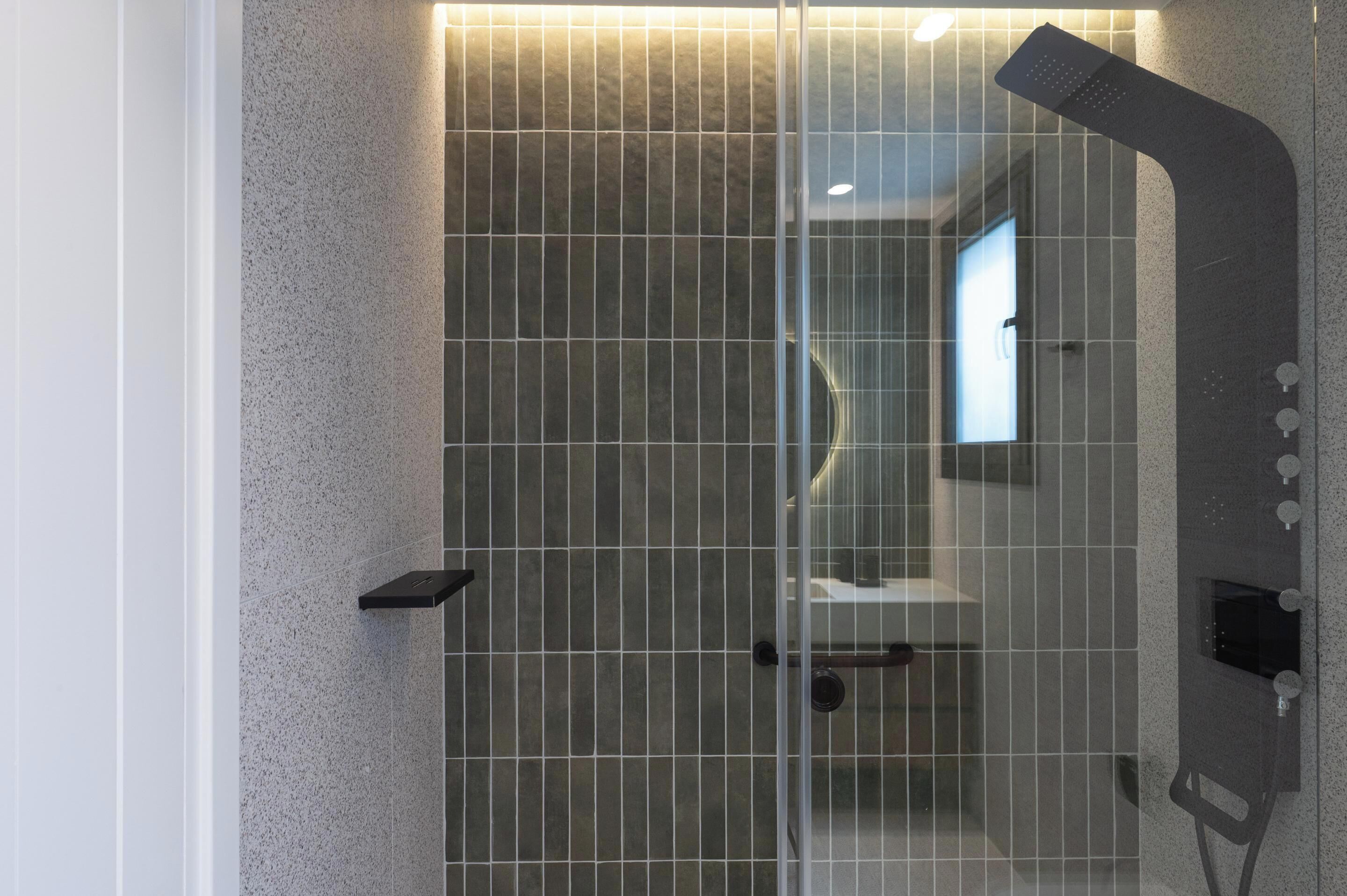 A modern shower enclosure with a glass door, a handheld showerhead, and a control panel.