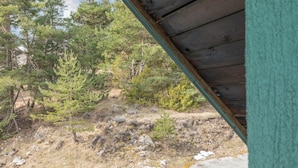 En vy genom en träkonstruktion med ett betonggolv, omgiven av täta träd och ett bergigt landskap.