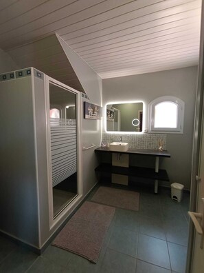 Shower, hair dryer, towels