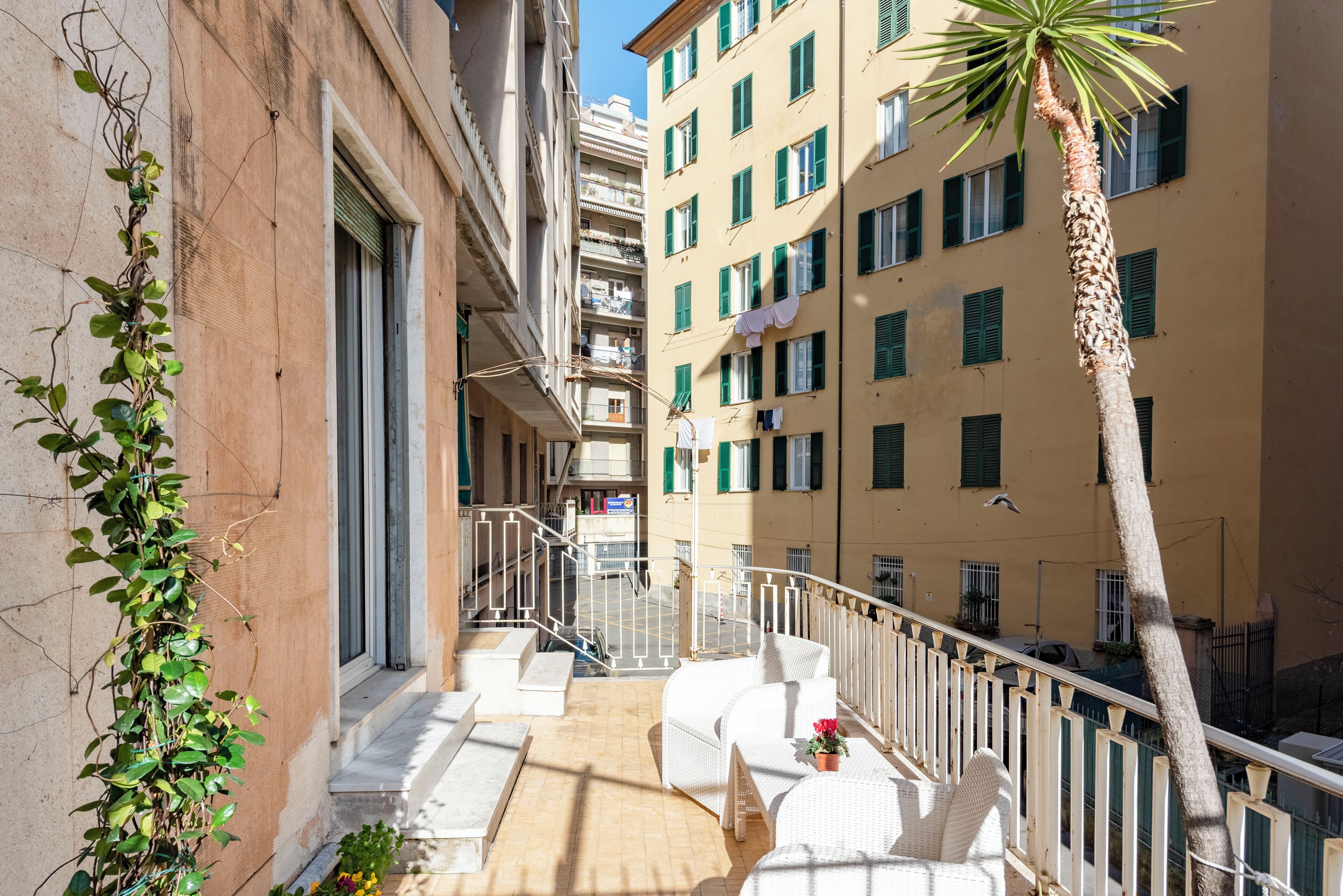 Ein Balkon mit weißen Korbmöbeln, einer Palme und Blick auf ein Gebäude mit Balkonen und Fenstern.