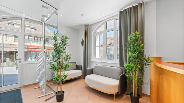 A modern reception area with a sofa, two potted plants, a glass door leading outside, and a wooden reception desk. - Steiners Hotel (Stuttgart)