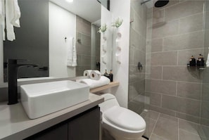 Shower, hair dryer, towels, shampoo