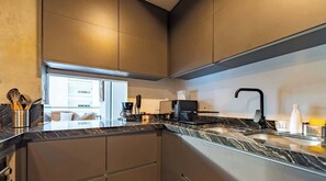 Fridge, microwave, oven, stovetop