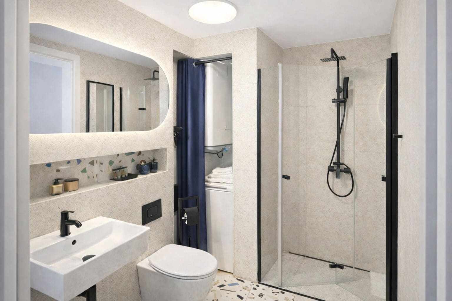 Shower, rainfall showerhead, free toiletries, hair dryer
