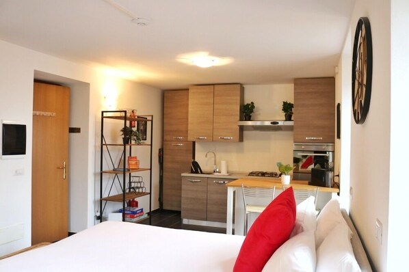 A compact hotel room with a bed, a small kitchenette, a wooden wardrobe, and a shelf with books and plants.