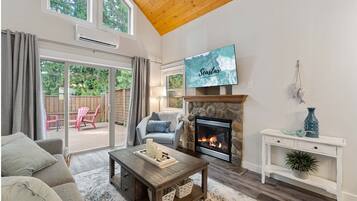 TV connectée, cheminée, livres