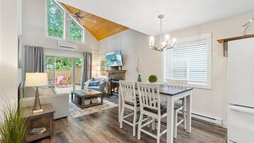 Smart TV, fireplace, books