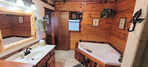Shower, jetted tub, hair dryer, towels
