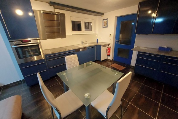 Kitchen with oven, ceramic plate, microwave and fridge.