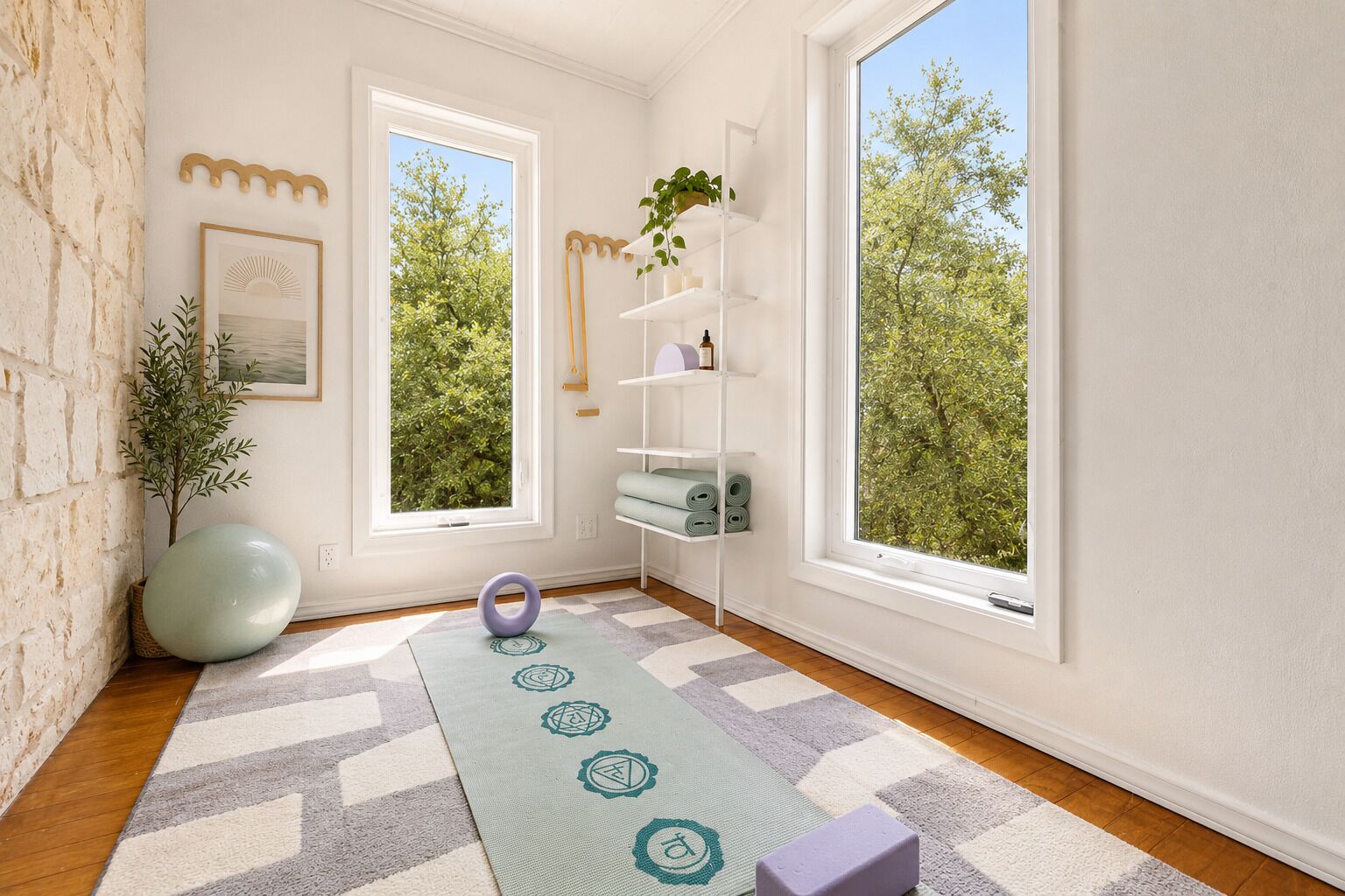 A room with a large window, a yoga mat, a plant, and a shelf with yoga accessories.