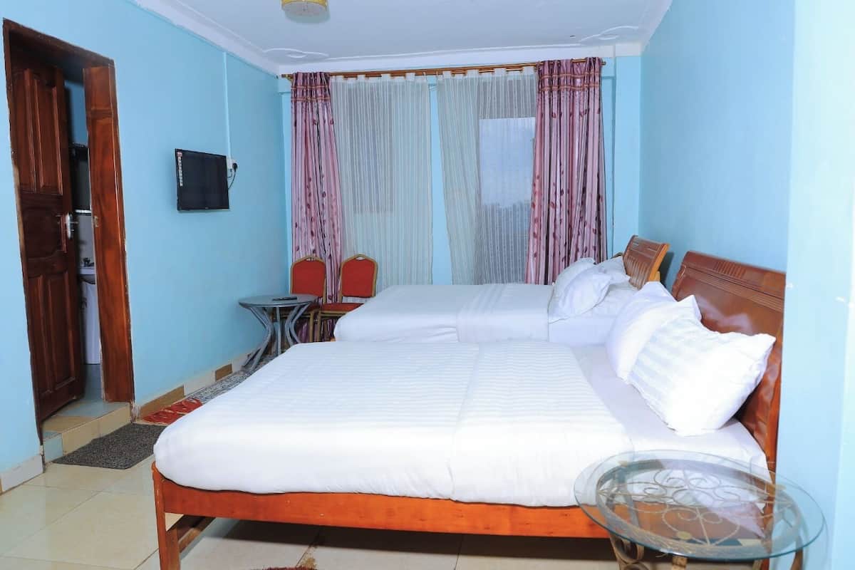 A bedroom with a large bed, a small table, two chairs, a television, and a window with curtains.