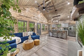 TV connectée, cheminée, livres, chaîne hi-fi