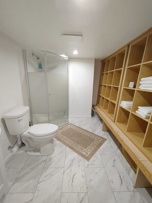 Shower, hair dryer, towels, soap