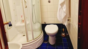 A bathroom with a glass-enclosed shower, a toilet, and a sink. - Apartment Sorrento "in Corso Italia" (Sorrento)