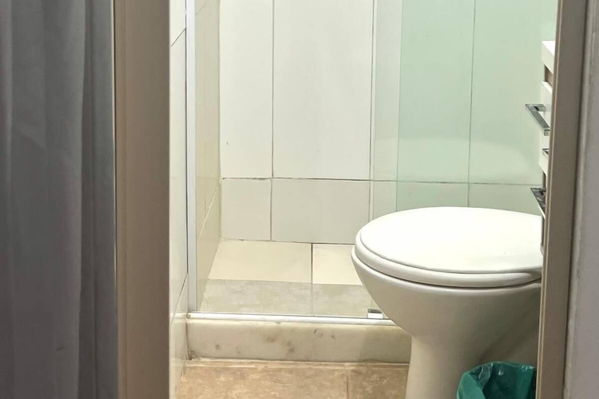 Shower, towels, soap, toilet paper