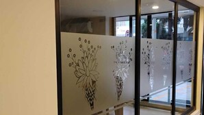 Un pasillo con puertas de vidrio esmerilado con diseños florales.