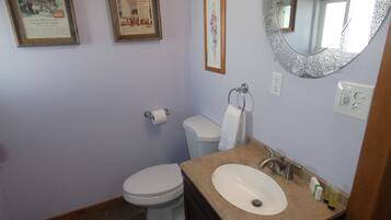 Een haardroger, handdoeken, zeep, toiletpapier