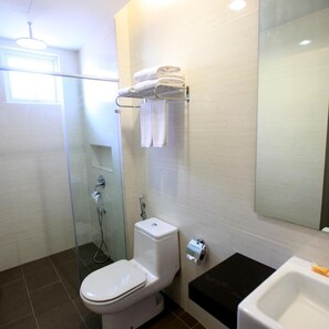 A modern bathroom with a glass-enclosed shower, a toilet, a sink, and a towel rack.