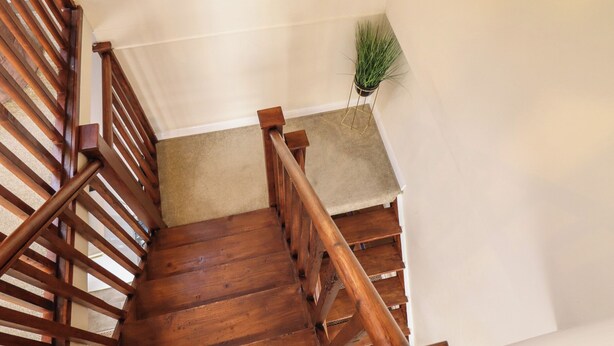 A wooden staircase with a handrail, carpeted steps, and a potted plant at the top. - The Old Stables (Skegness)