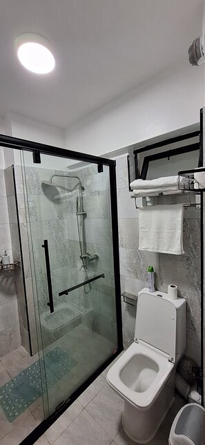 Ein modernes Badezimmer mit einer gläsernen Duschkabine, einer weißen Toilette und einer Wand mit Marmorfliesen.