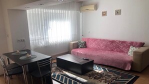Ein Wohnzimmer mit Esstisch, Stühlen, einer Couch und einem gemusterten Teppich.