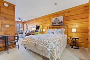 1 dormitorio, tabla de planchar con plancha, ropa de cama