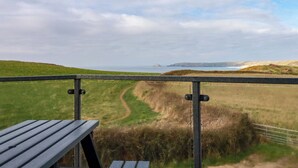 A balcony with a view of a coastal landscape, including a grassy path and distant hills. - Jacana (Perranporth)