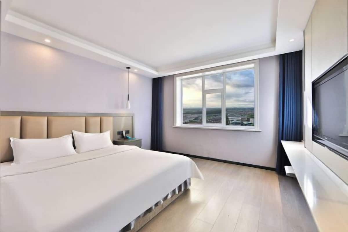 A modern hotel room with a large bed, a TV, and a window with a city view.