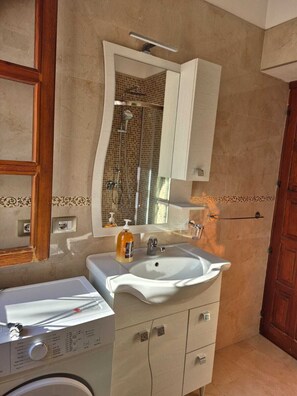 Shower, hair dryer, bidet, toilet paper