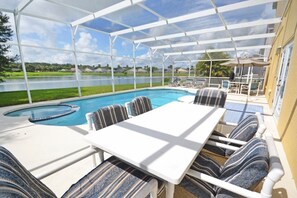 Outdoor pool, pool umbrellas, sun loungers