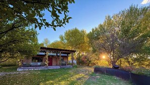 A house with a covered porch, surrounded by a grassy yard and trees.