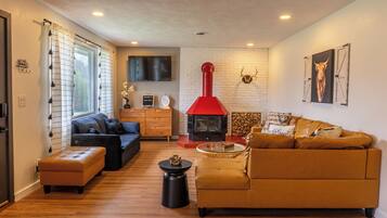 Smart TV, fireplace, books