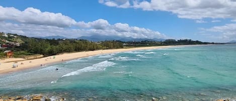 A coastal beach scene with clear turquoise waters, a sandy shore, and a rocky foreground.