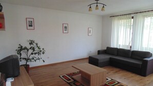 A living room with a sofa, a coffee table, a potted plant, and framed pictures on the wall. - Casa Dancs (Covasna)