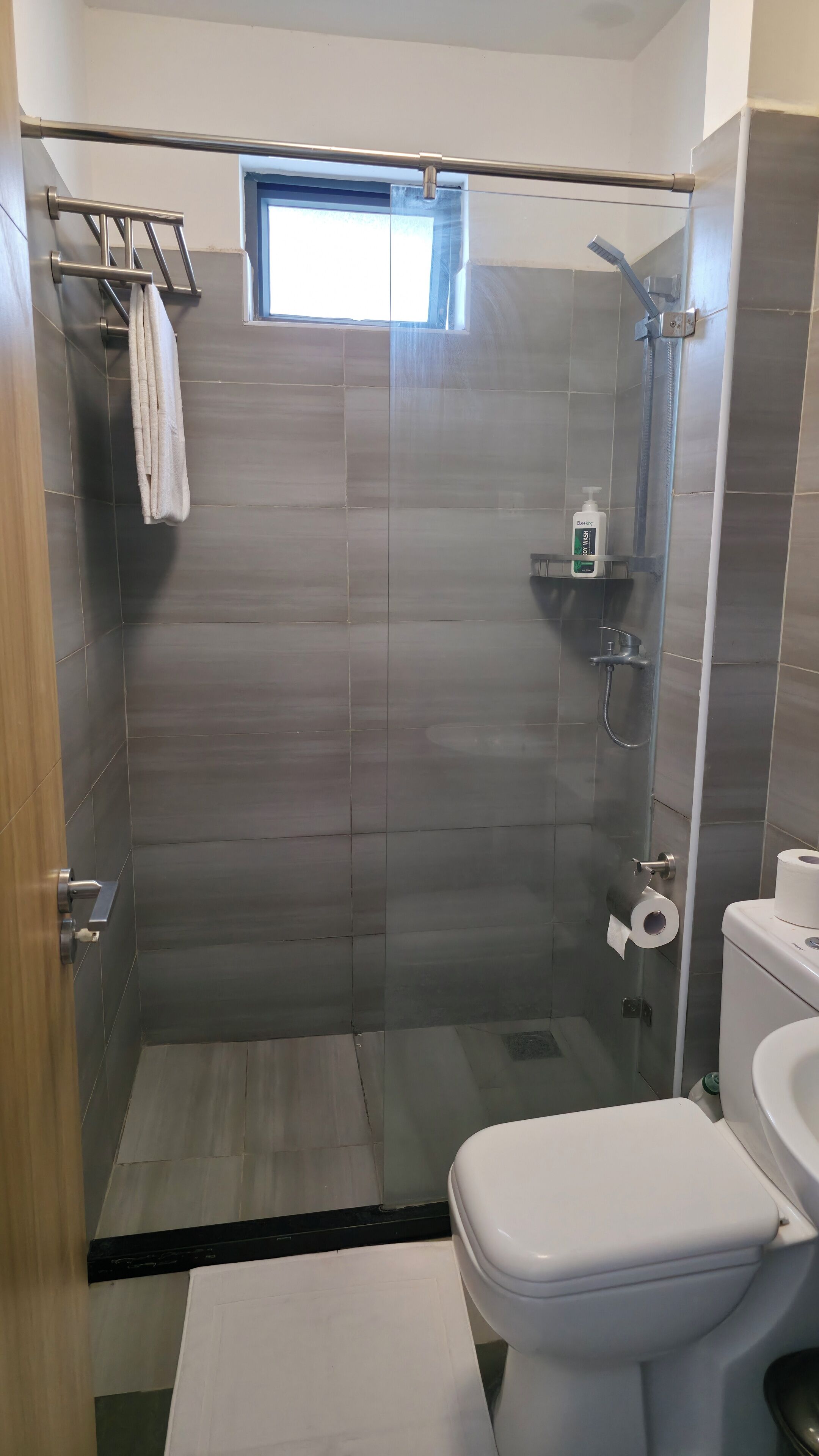 Shower, towels, soap, toilet paper