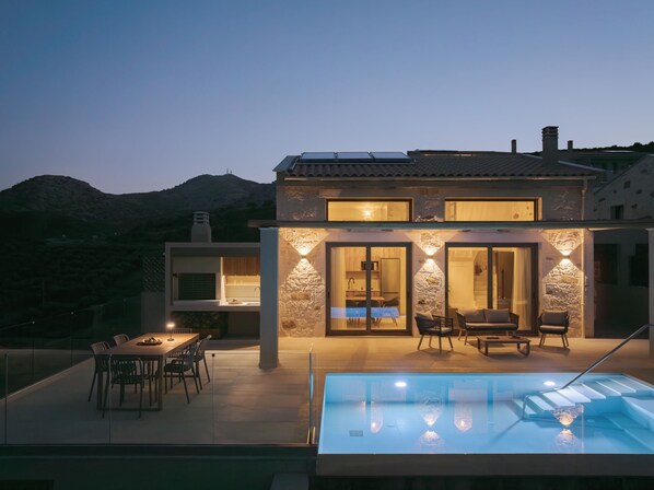 Front of property – evening/night - Luxurious Stone Villas Crete (Malevizi)