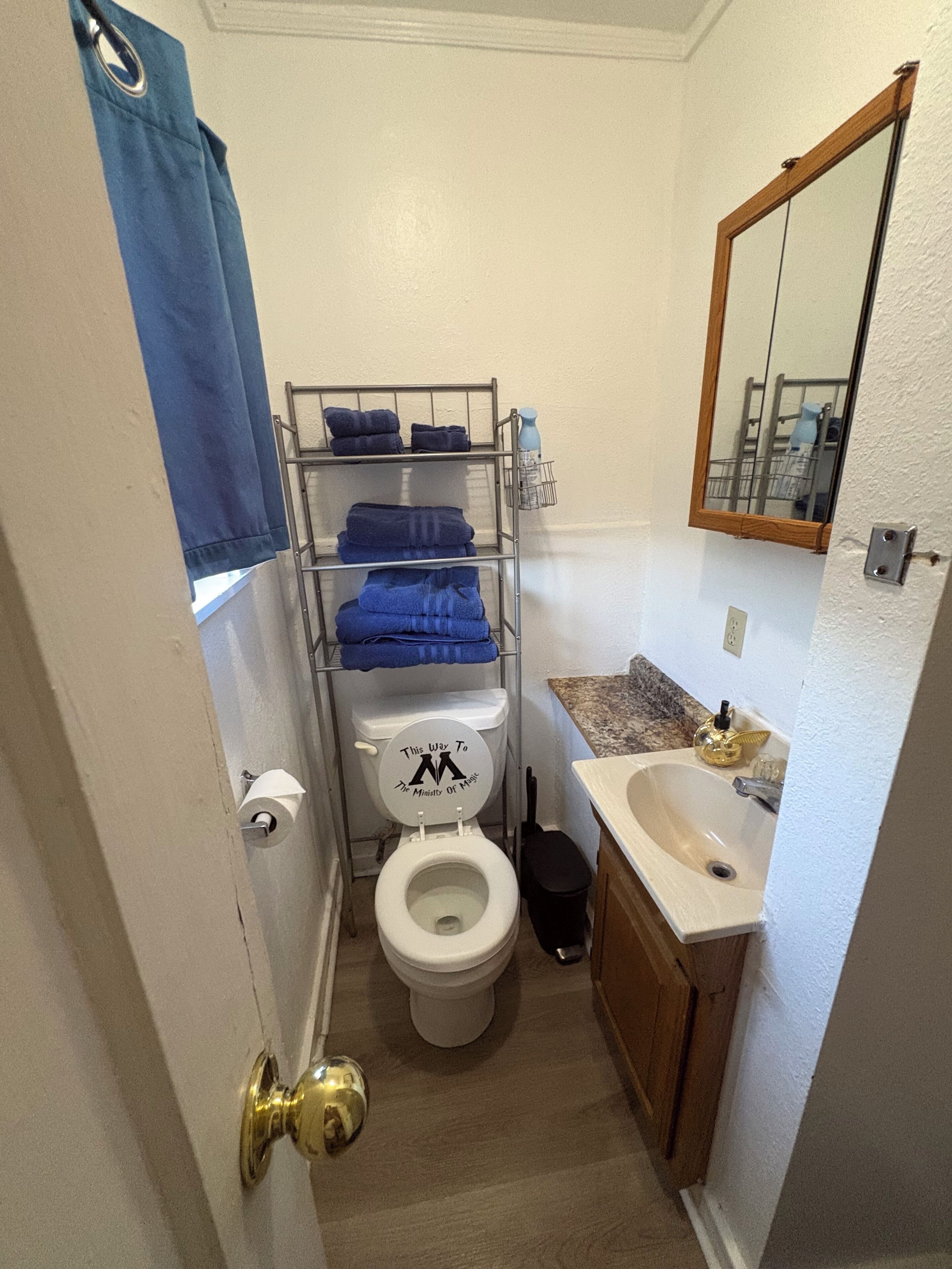 Casa de banho compacta com sanita, lavatório e espelho. Há um porta-toalhas com toalhas dobradas e uma toalha azul pendurada na parede.