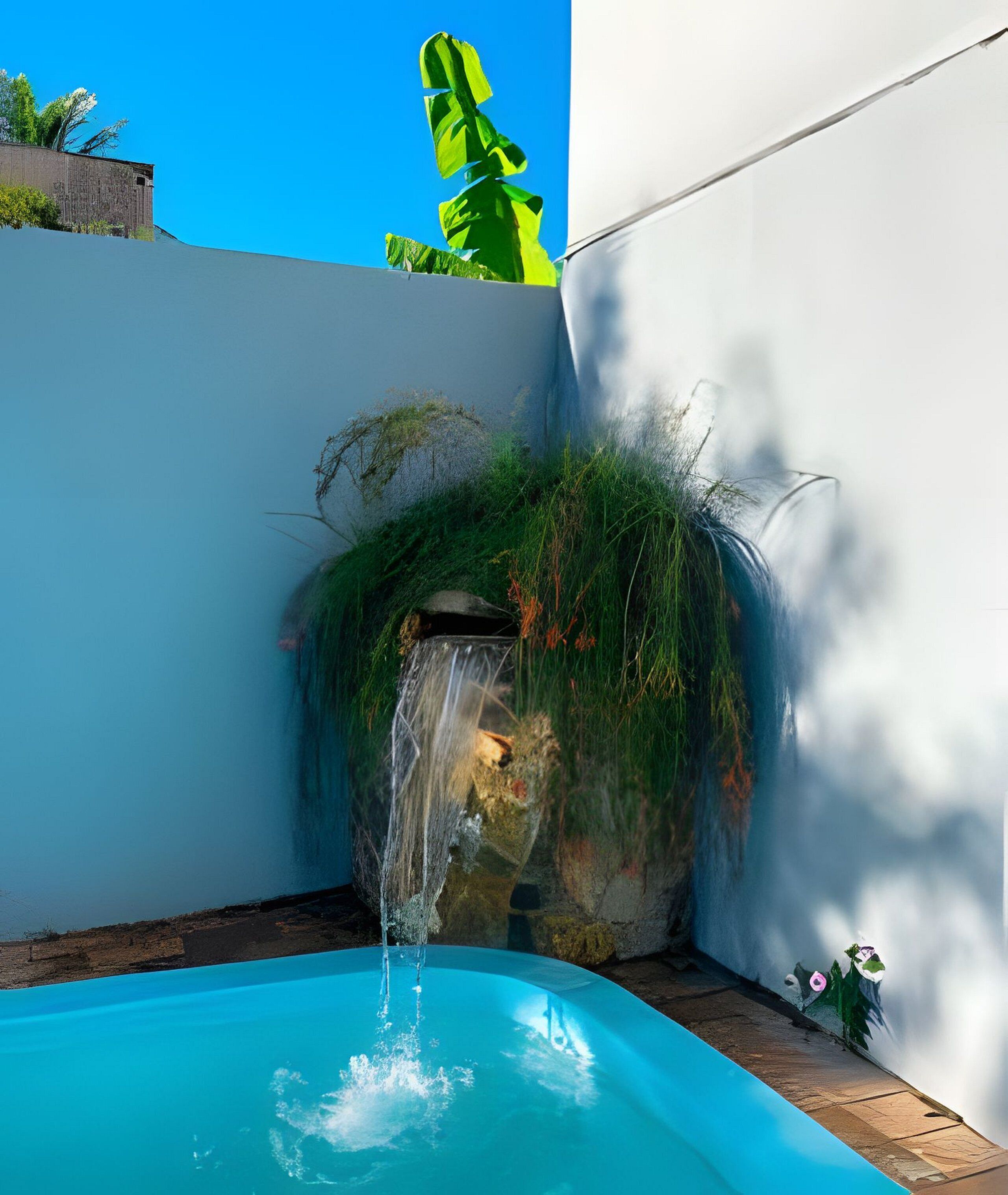 A swimming pool with a waterfall feature, surrounded by a white wall and lush greenery.