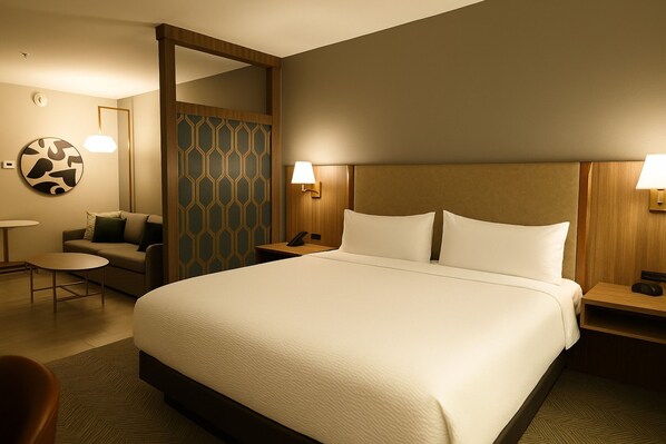 A hotel room with a large bed, two bedside tables, a nightstand, a round table, and a sofa. - Holiday Inn Osceola by IHG (Osceola)