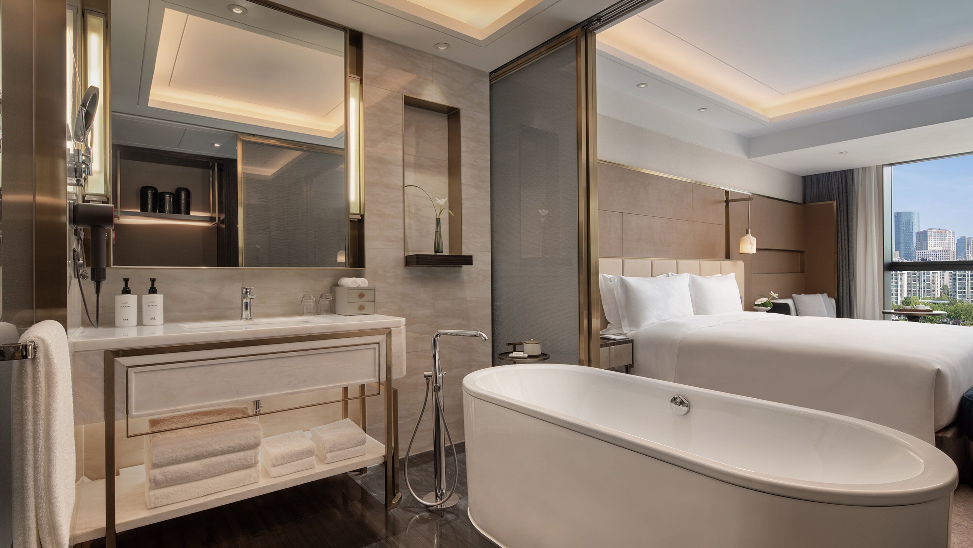Premium Room, 1 King Bed | Bathroom | Separate tub and shower, rainfall showerhead, hair dryer, bathrobes