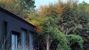 Un bâtiment moderne à l’extérieur sombre, entouré d’un jardin bien entretenu où poussent différentes espèces d’arbustes et de plantes.