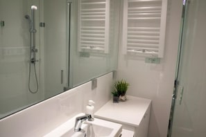 Shower, hair dryer, towels, soap