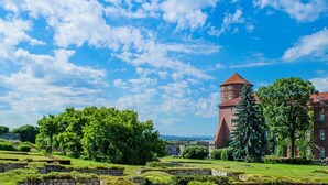 Ein historisches Gebäude mit einem markanten Turm, umgeben von üppiger Vegetation und blauem Himmel.
