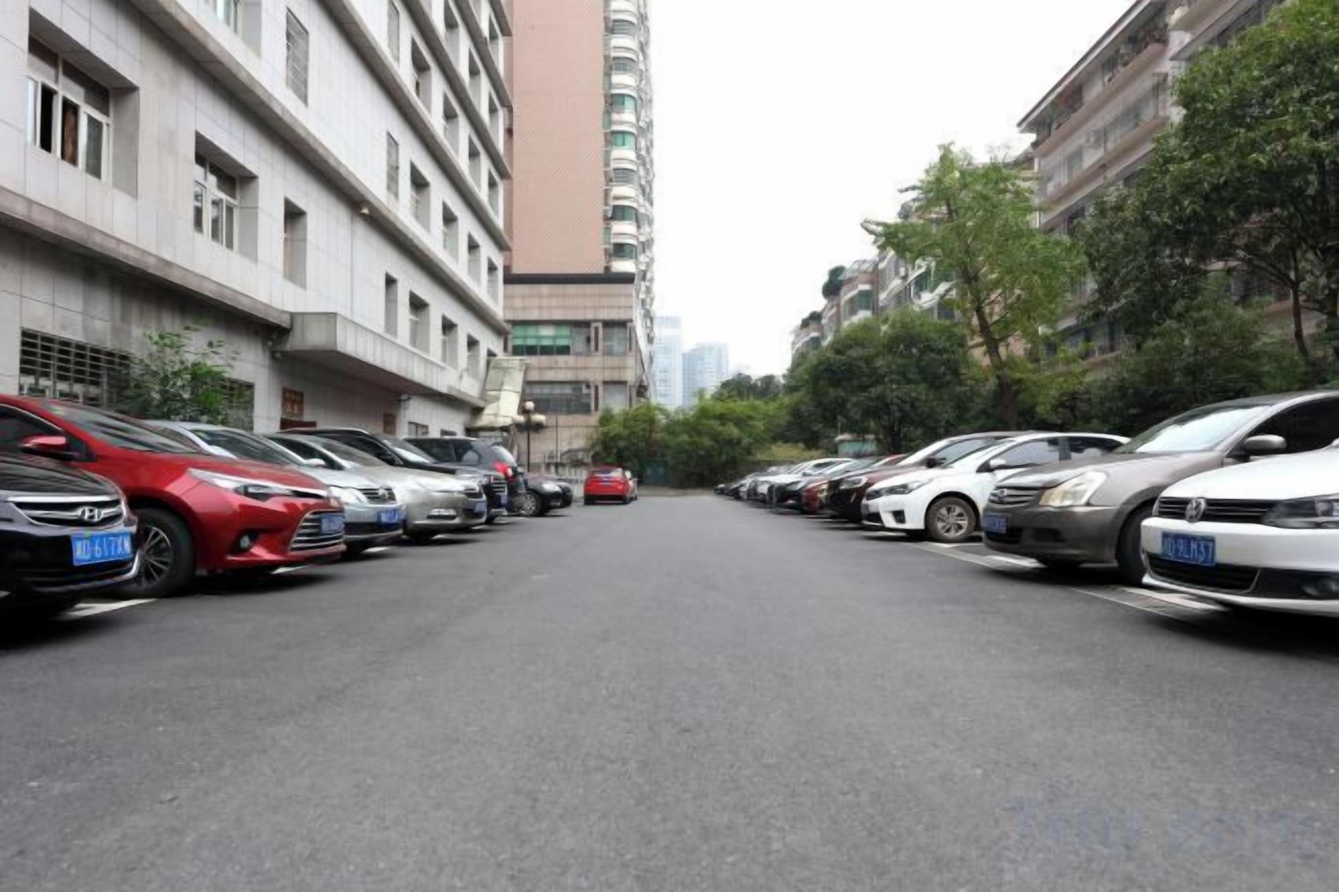 A row of parked cars along a street with buildings on either side.