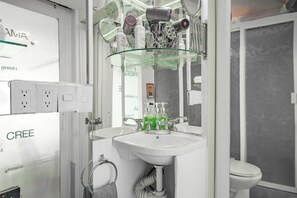 Hair dryer, towels, soap, toilet paper