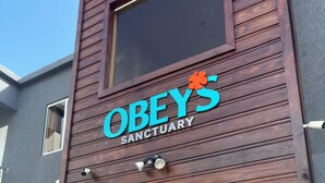 Rakennuksessa on kyltti, jossa lukee ”OBEY’S SANCTUARY”, ja valkoinen ovi, jossa on kaksi ikkunaa.