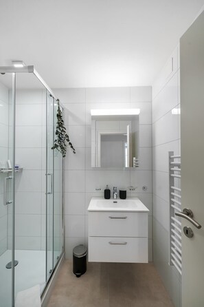 Shower, hair dryer, towels, soap