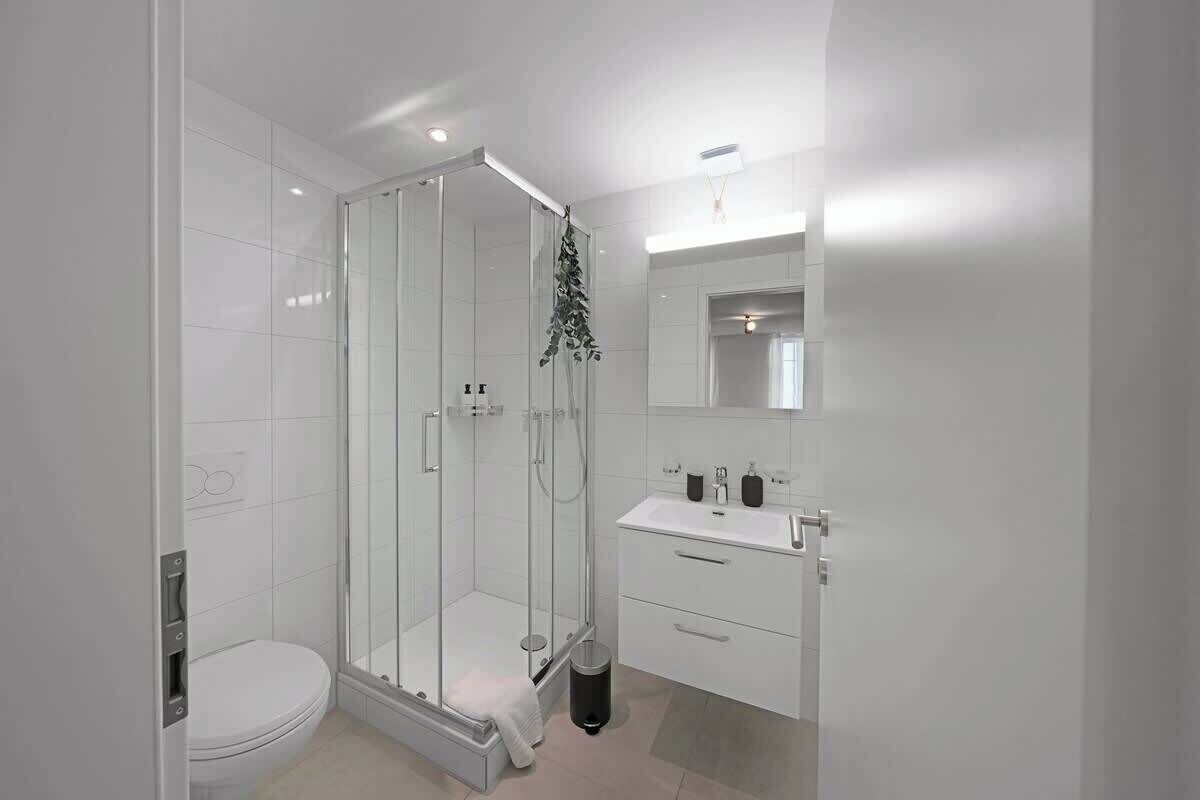 A modern bathroom with a glass-enclosed shower, a white toilet, and a vanity with a mirror.